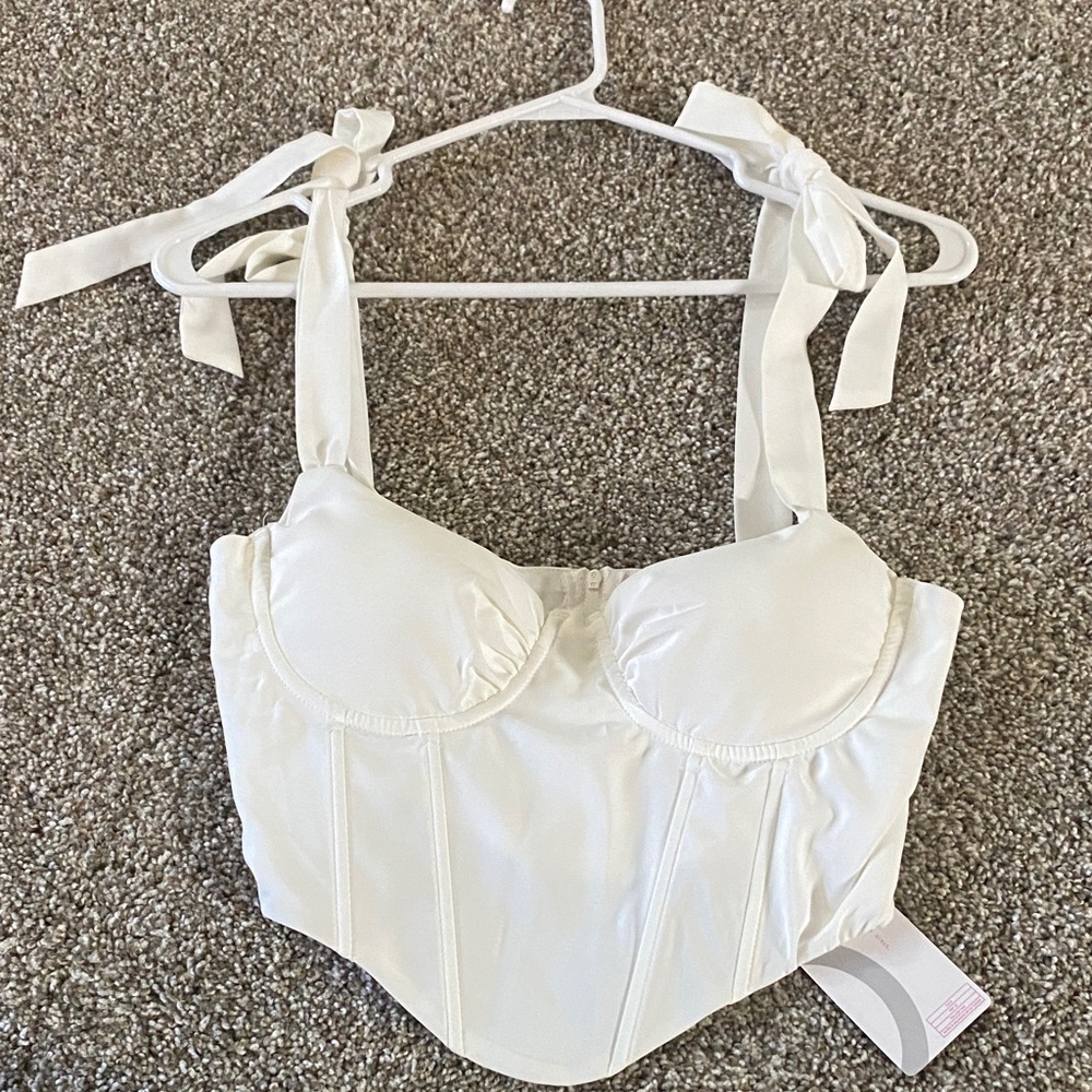 White Tie-Shoulder Corset Crop Top with Sweetheart Bust L - Picture 2 of 2